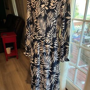 Elegant Long Sleeve Leaf Print Dress